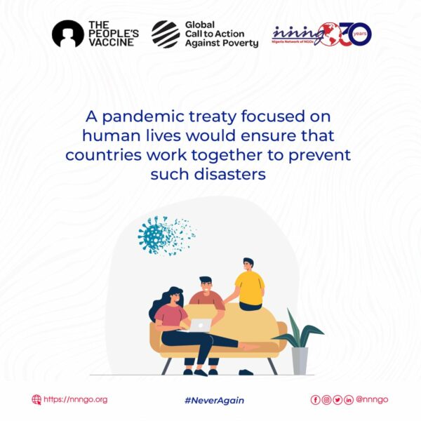 People sit at a table below text that reads 'A pandemic treaty focused on human lives would esure that counries work together to prevent such disasters.